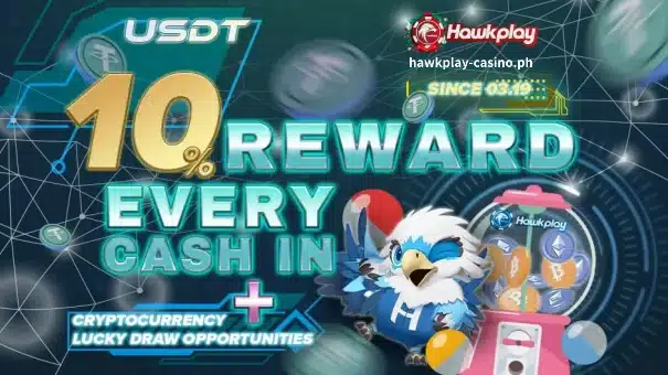 PROMOTIONS 15 Hawkplay rewards USDT 10% + BTC for every cash transaction. ETH lottery chances